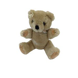 Vintage  poseable Teddy bear  plush stuffed animal  bow 9" tan